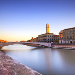 Pisa, Arno river, Ponte di Mezzo bridge and street lamp. Lungarno view. Long Exposure. Tuscany, Italy, Europe.
