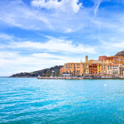 Porto Santo Stefano harbor seafront and village skyline., italian travel destination. Monte Argentario, Tuscany, Italy.